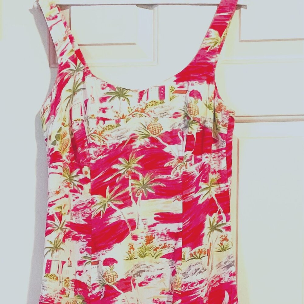 Sold CAbi Hawaiian Pink Dress Trees Pineapples Beach 10